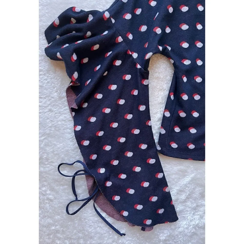 BCBGeneration Blue, Red & White Polka Dot Flutter Sleeves Mock Neck Crop Top